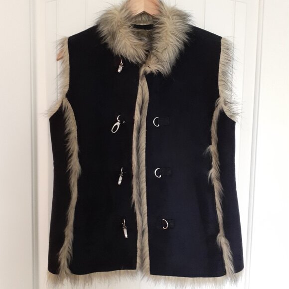 Sport Haley Blue Faux Fur Hook Front Vest Brown Faux Fur Trim Pockets Size M - Picture 11 of 11
